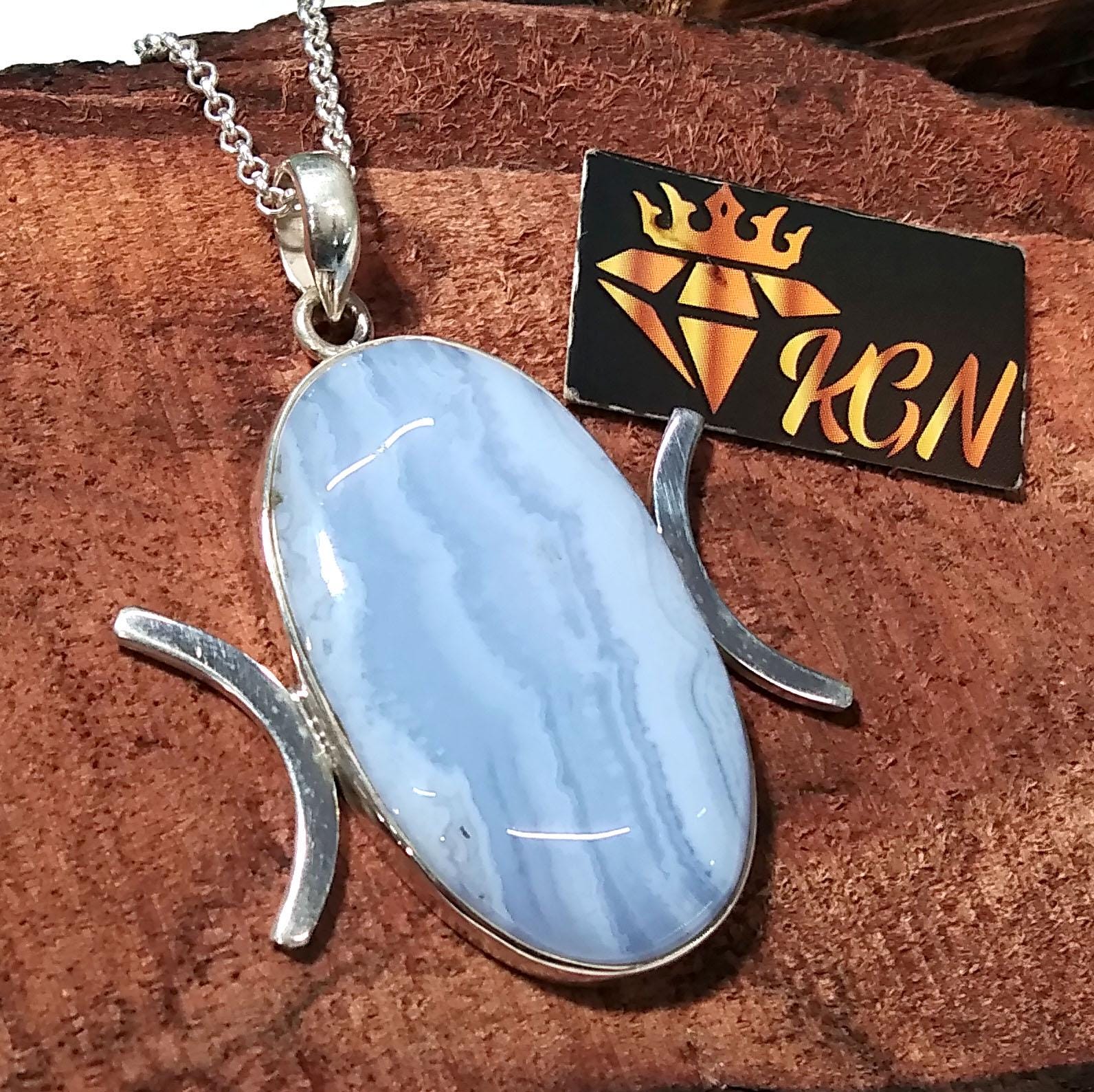 Natural Blue Lace Agate Gemstone Chain Pendant, 925 Sterling Silver Pendant Jewelry, Silver Designer Handmade Pendant, Gift Birthday Pendant